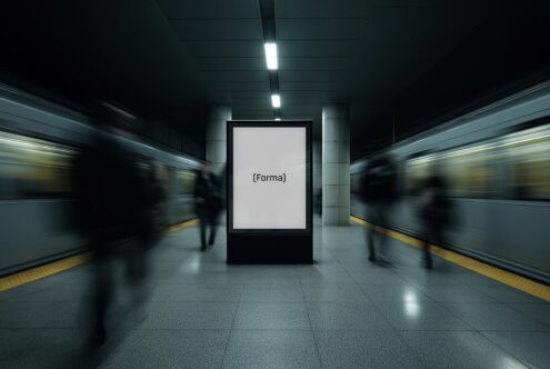 Subway station mockup featuring a central vertical billboard with Forma text. Ideal for showcasing urban advertisement designs in a dynamic environment.