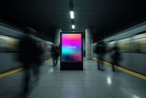 Subway station digital ad mockup with vibrant gradient background. Ideal for graphic design, templates, and promotional displays for designers.