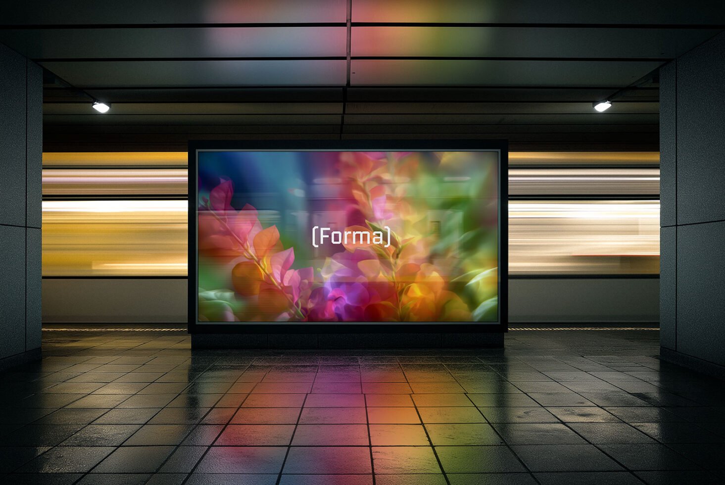 Digital poster mockup in a subway station with vibrant abstract floral design, ideal for showcasing graphics templates for designers. Colorful and modern.