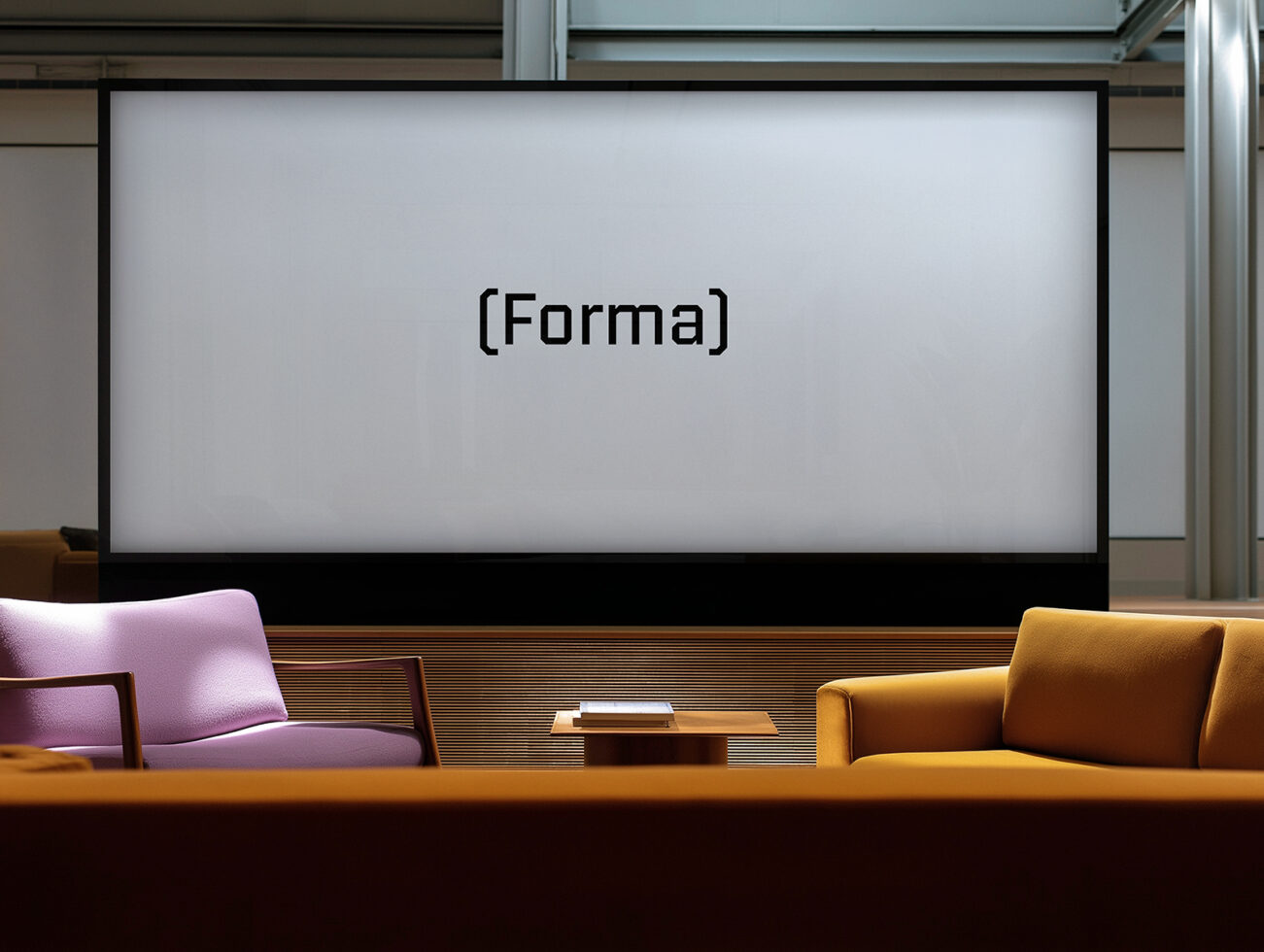 Modern lounge area with two sofas in pastel and mustard hue facing a wooden table, a large screen displays the text Forma. Perfect for font mockups.