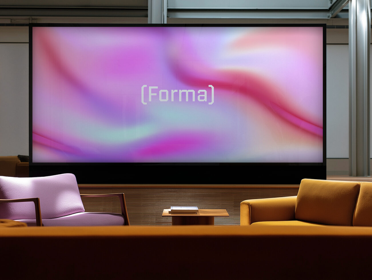 Modern office lounge with large digital screen displaying abstract pink gradient design. Perfect for mockups showcasing interior design templates.