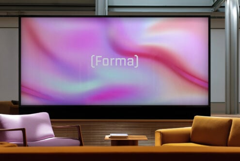 Modern digital mockup featuring abstract pink gradient screen with text Forma designed for creative designers to showcase templates and graphics.