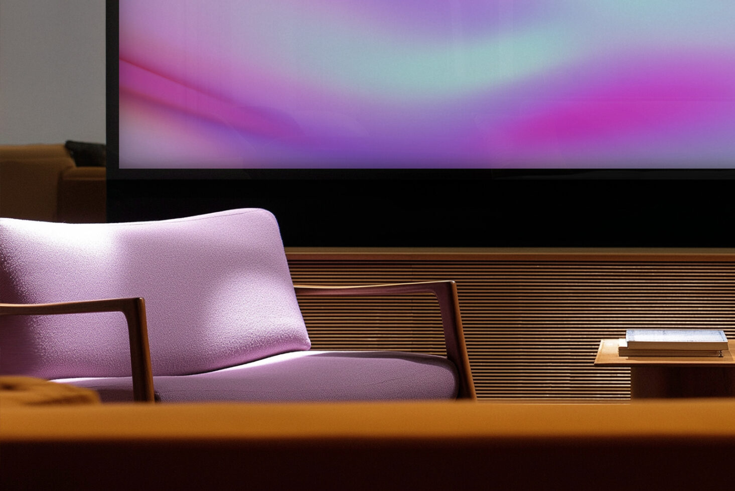 Modern interior design mockup featuring a pastel purple chair, a sleek wooden side table, abstract gradient art, ideal for designers and decor inspiration.