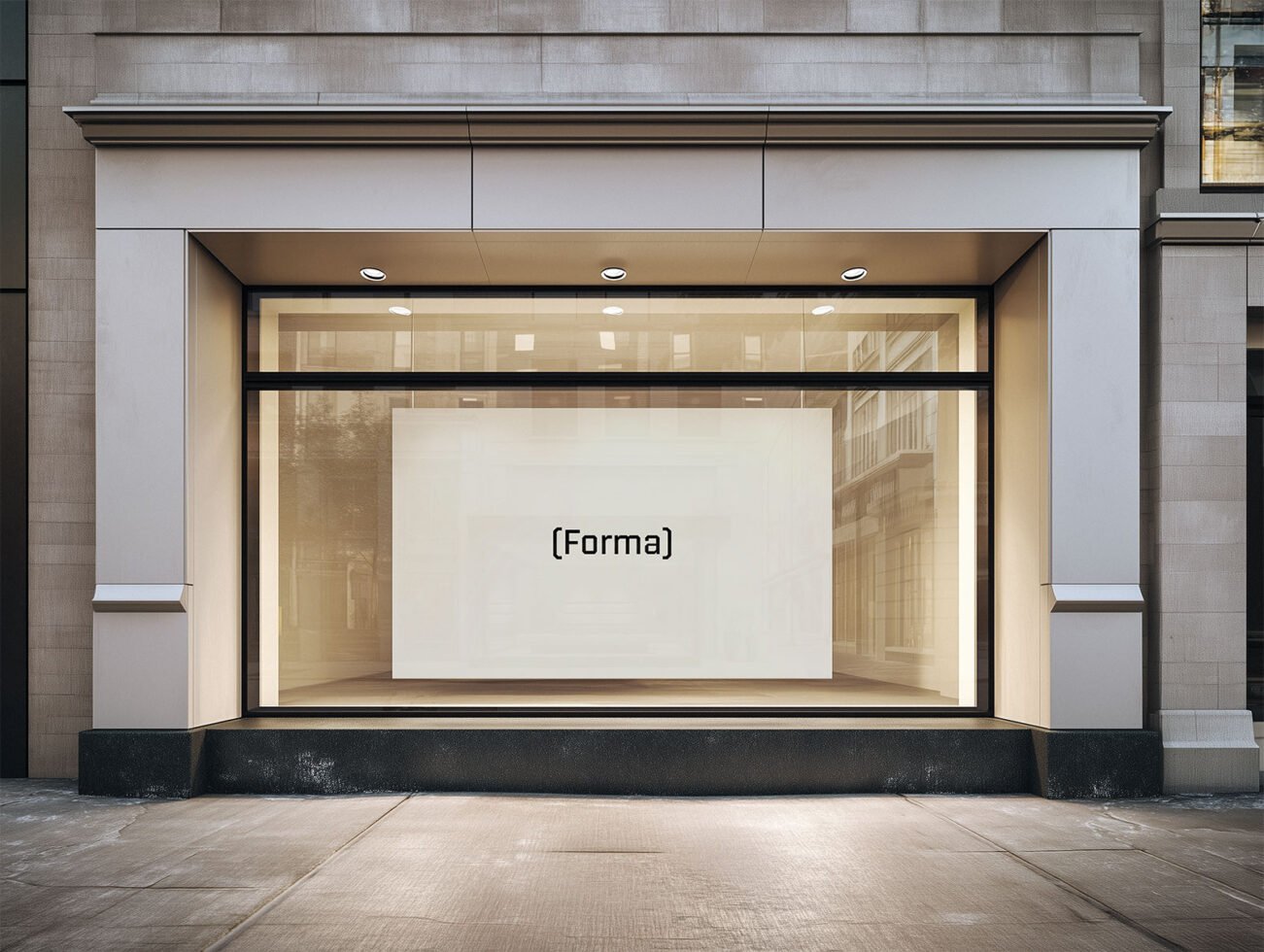 Mockup of a storefront with clean beige interior featuring forma signage perfect for designers seeking realistic retail display designs templates graphics.