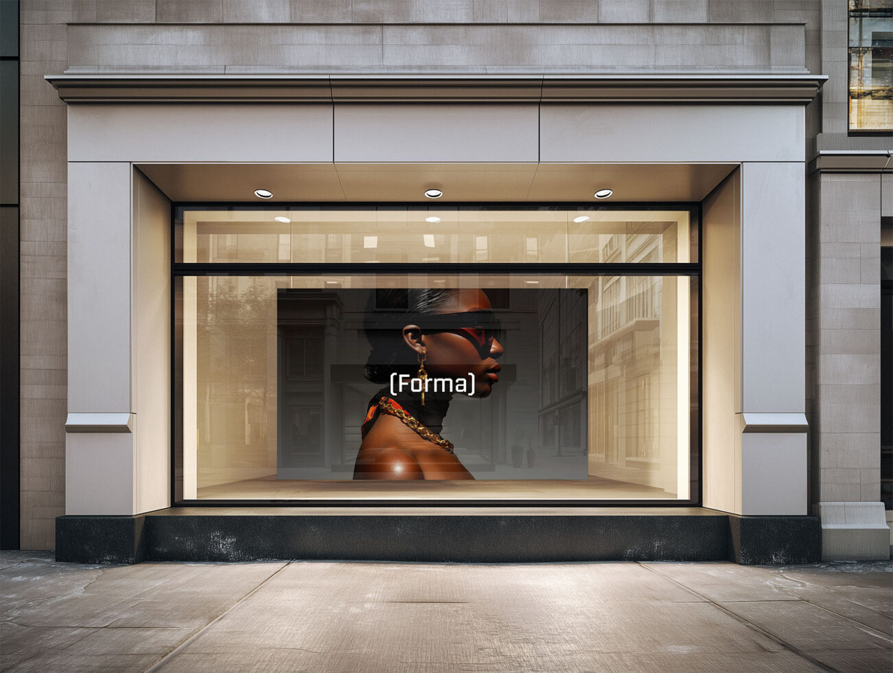 Retail store window mockup featuring a large poster of a stylish person in sunglasses for urban fashion design projects. Suitable for storefront displays.