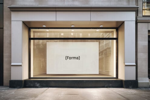 Minimalist shopfront mockup showcasing a clean empty window display. Perfect for branding designs, retail graphics, or storefront presentations.