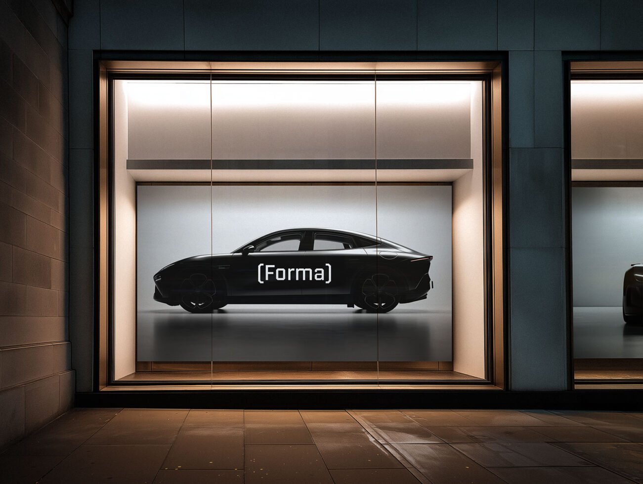 Car showroom mockup featuring a sleek black car in a minimalist setting ideal for designers looking for modern automotive presentation templates.