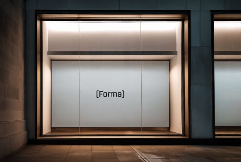 Minimal storefront mockup with Forma text. Ideal for designers seeking clean modern display templates for branding or advertising projects.
