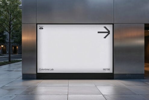 Large city billboard mockup with minimalist design featuring a pixel arrow on a white background. Ideal for showcasing digital graphics or branding templates.