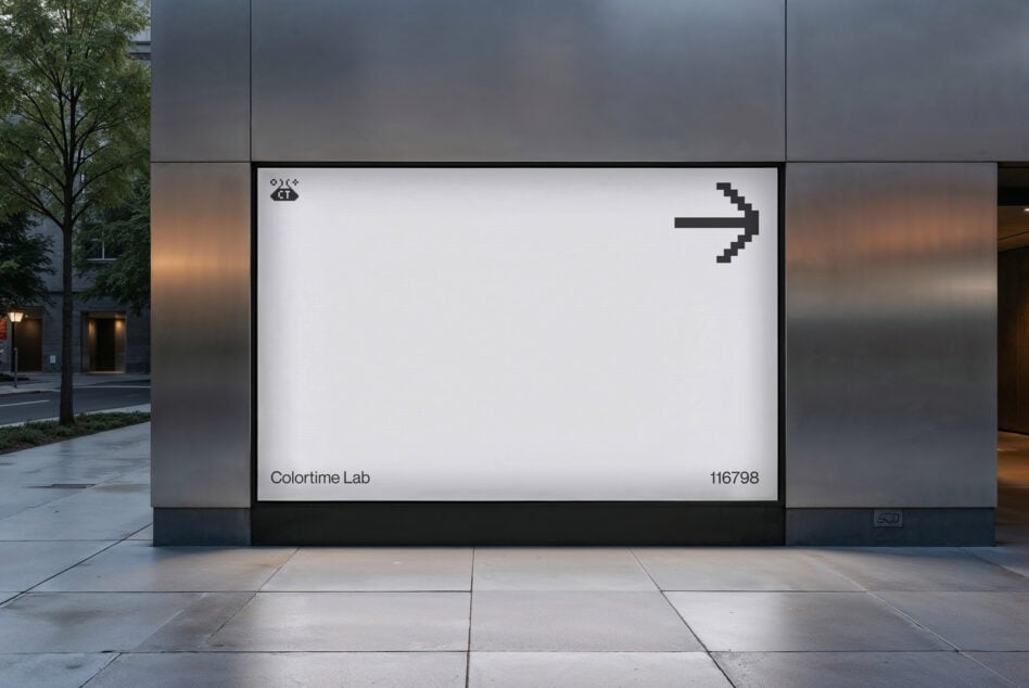Large city billboard mockup with minimalist design featuring a pixel arrow on a white background. Ideal for showcasing digital graphics or branding templates.