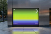 Colorful digital signage with gradient from green to blue, featuring pixelated arrow, ideal for mockup and graphic design projects for designers.