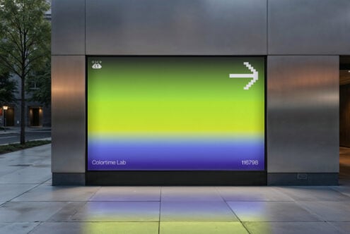 Colorful digital signage with gradient from green to blue, featuring pixelated arrow, ideal for mockup and graphic design projects for designers.