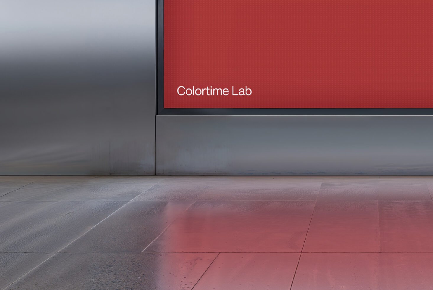 Modern interior mockup with large red signage on sleek metal wall reflecting soft light on floor. Perfect for advertising displays and design presentations.
