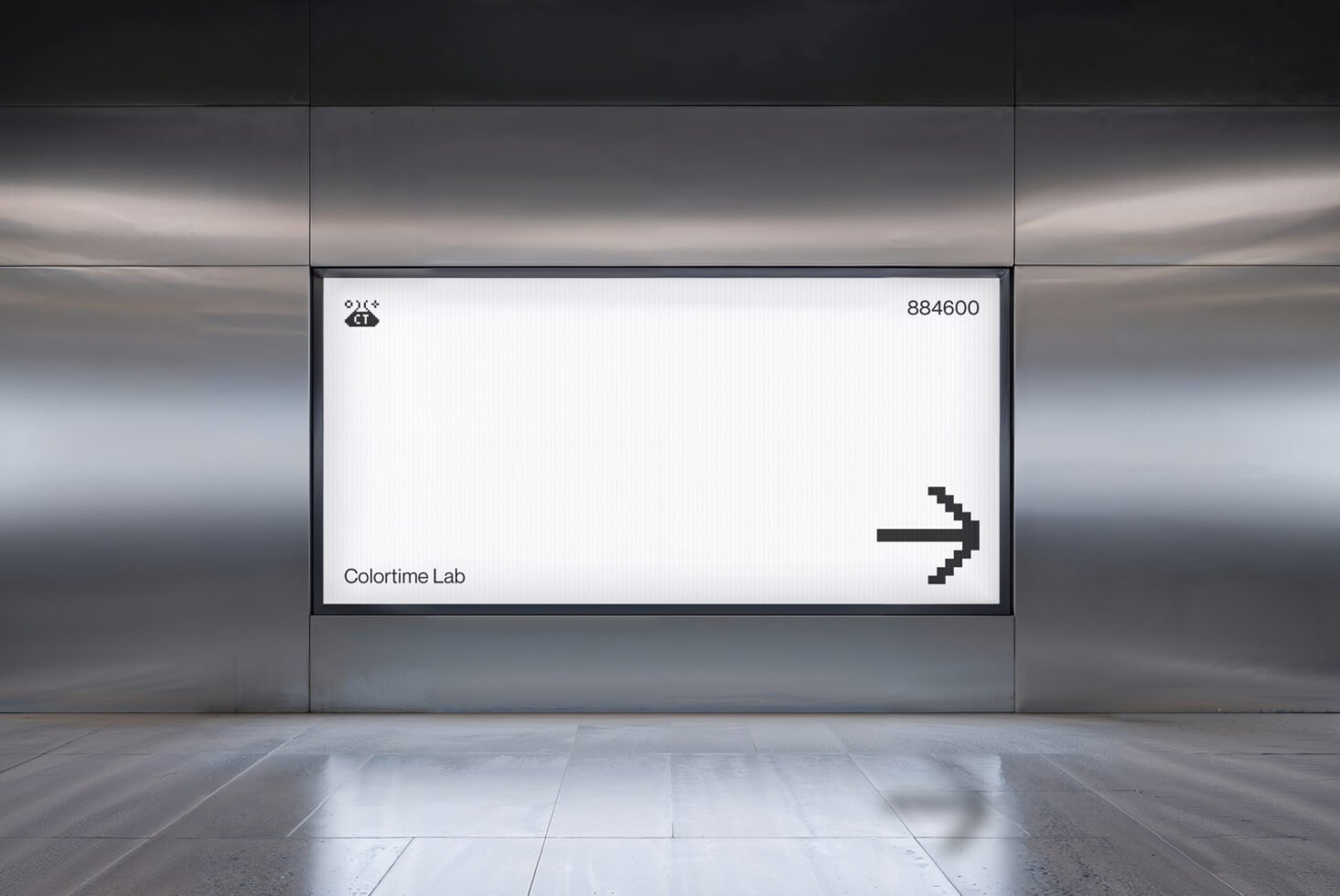 Mockup of a modern digital billboard in a sleek metallic interior. Ideal for showcasing minimalistic designs or templates. Keywords: mockup, design, template.