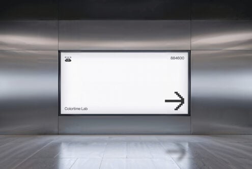 Mockup of a modern digital billboard in a sleek metallic interior. Ideal for showcasing minimalistic designs or templates. Keywords: mockup, design, template.