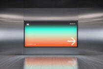 Vibrant gradient screen mockup transitioning from turquoise to orange on wall