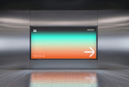 Digital mockup display with gradient design in modern interior suitable for designers. Keywords: mockup template graphic design digital assets modern display