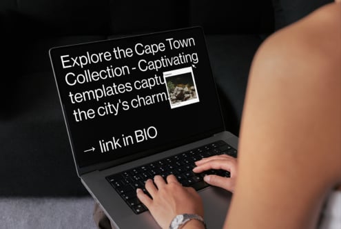 Laptop screen showing design templates related to Cape Town collection targeted at designers. Keywords: templates, design, digital assets, Cape Town.