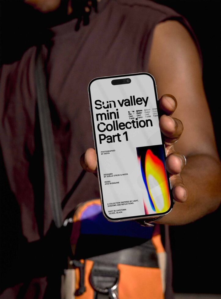 Person holding smartphone displaying Sun Valley Mini Collection Part 1. Vibrant abstract background. Ideal for mockup designers. Modern typography design.