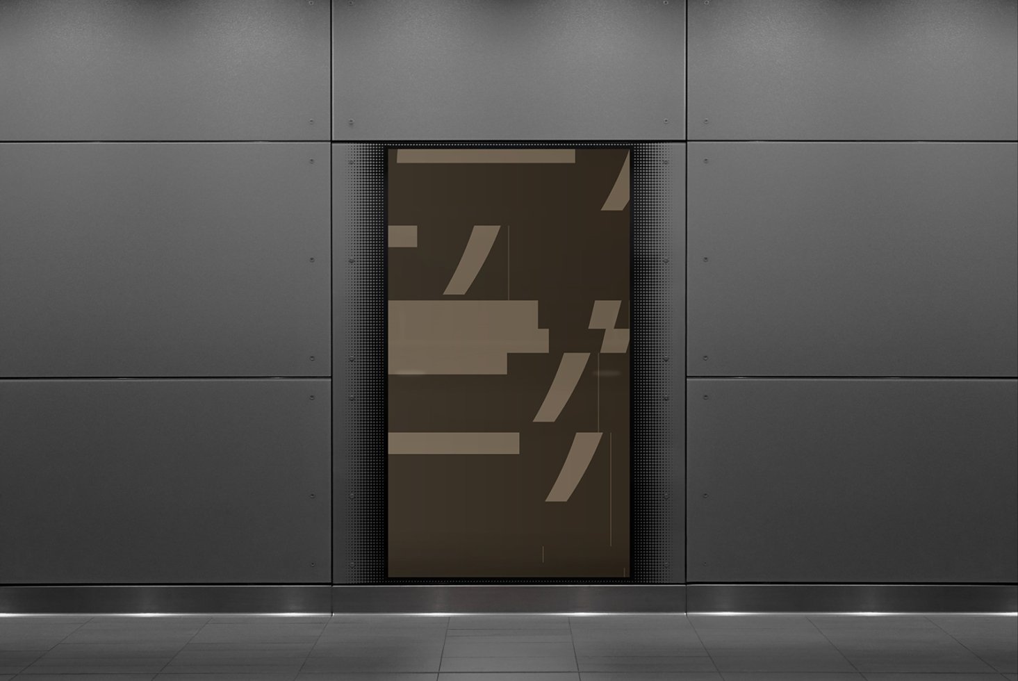 Modern abstract poster mockup on a dark gray metal wall ideal for graphic design presentations digital artwork showcases minimalist aesthetics.