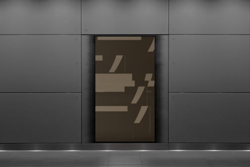 Modern abstract poster mockup on a dark gray metal wall ideal for graphic design presentations digital artwork showcases minimalist aesthetics.