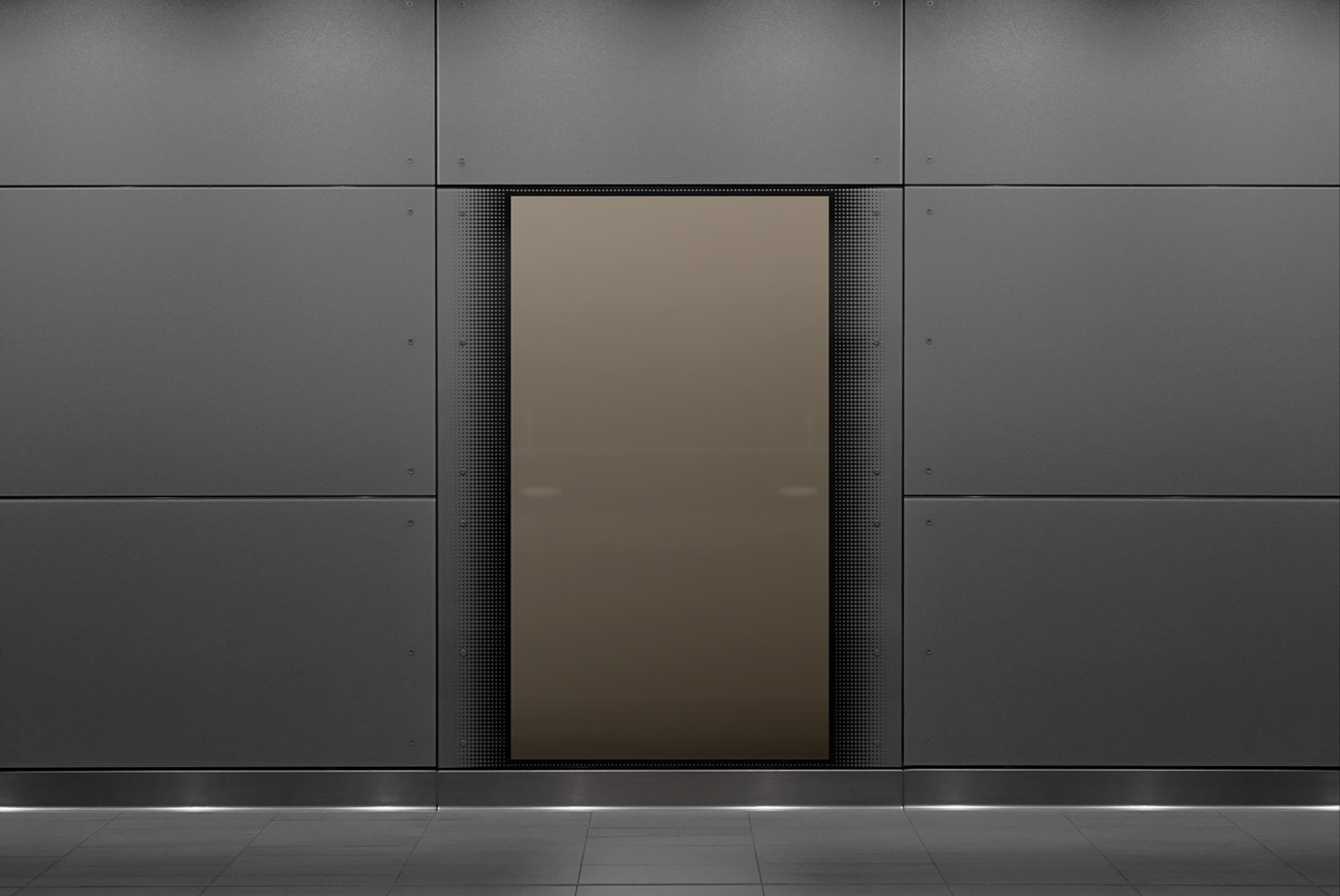 Dark elevator door mockup in modern interior; suitable for showcasing design templates or graphics; metal wall panels; ideal for designers.