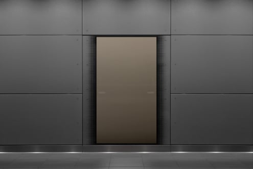 Dark elevator door mockup in modern interior; suitable for showcasing design templates or graphics; metal wall panels; ideal for designers.
