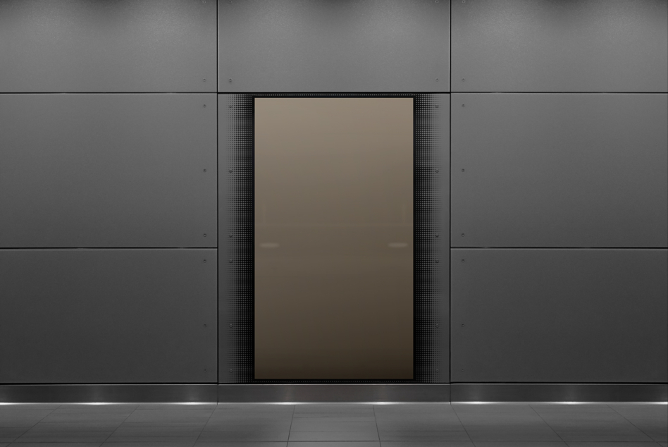Beige interior display mockup mounted on dark gridded wall panel
