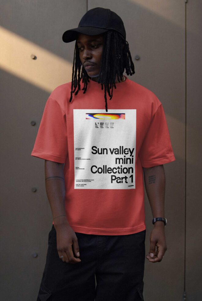 Red t-shirt mockup featuring bold typography with Sun Valley Mini Collection graphics. Ideal for designers seeking modern, minimalistic apparel designs.