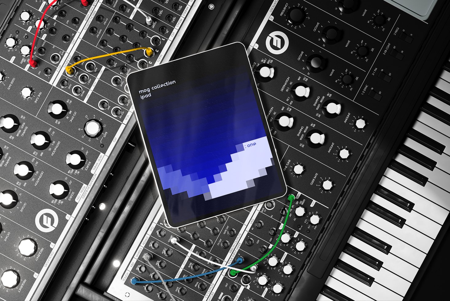 Tablet on modular synthesizer and keyboard with colorful cables. Electronic music production. Mockup template for designers. Synth interface display.