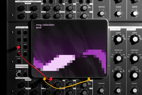 Retro synth interface mockup with modular knobs and vibrant pixel art for iPad. Ideal for digital graphic design, UI inspiration, music software.