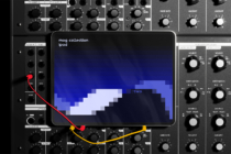 iPad mockup on modular synth setup showing mog collection with blue gradient