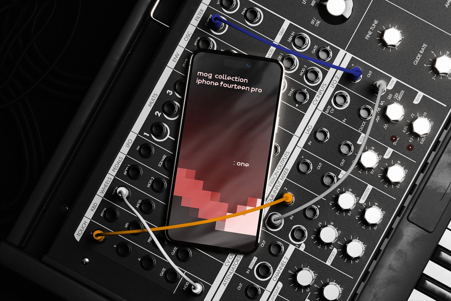 Mockup of a smartphone displaying a digital design interface, placed on an audio synthesizer with cables connected. Ideal for designers, tech, UI, UX.