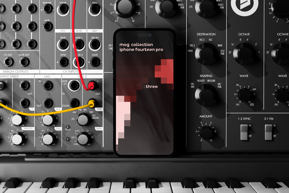 iPhone 14 Pro mockup on music production setup with synthesizer knobs, red gradient interface