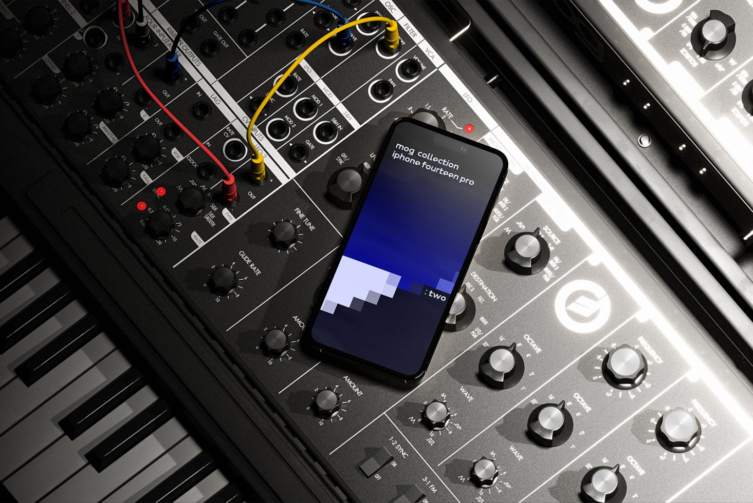 A smartphone displaying a digital asset design mockup resting on a synthesizer keyboard. Ideal for designers seeking unique graphic templates.