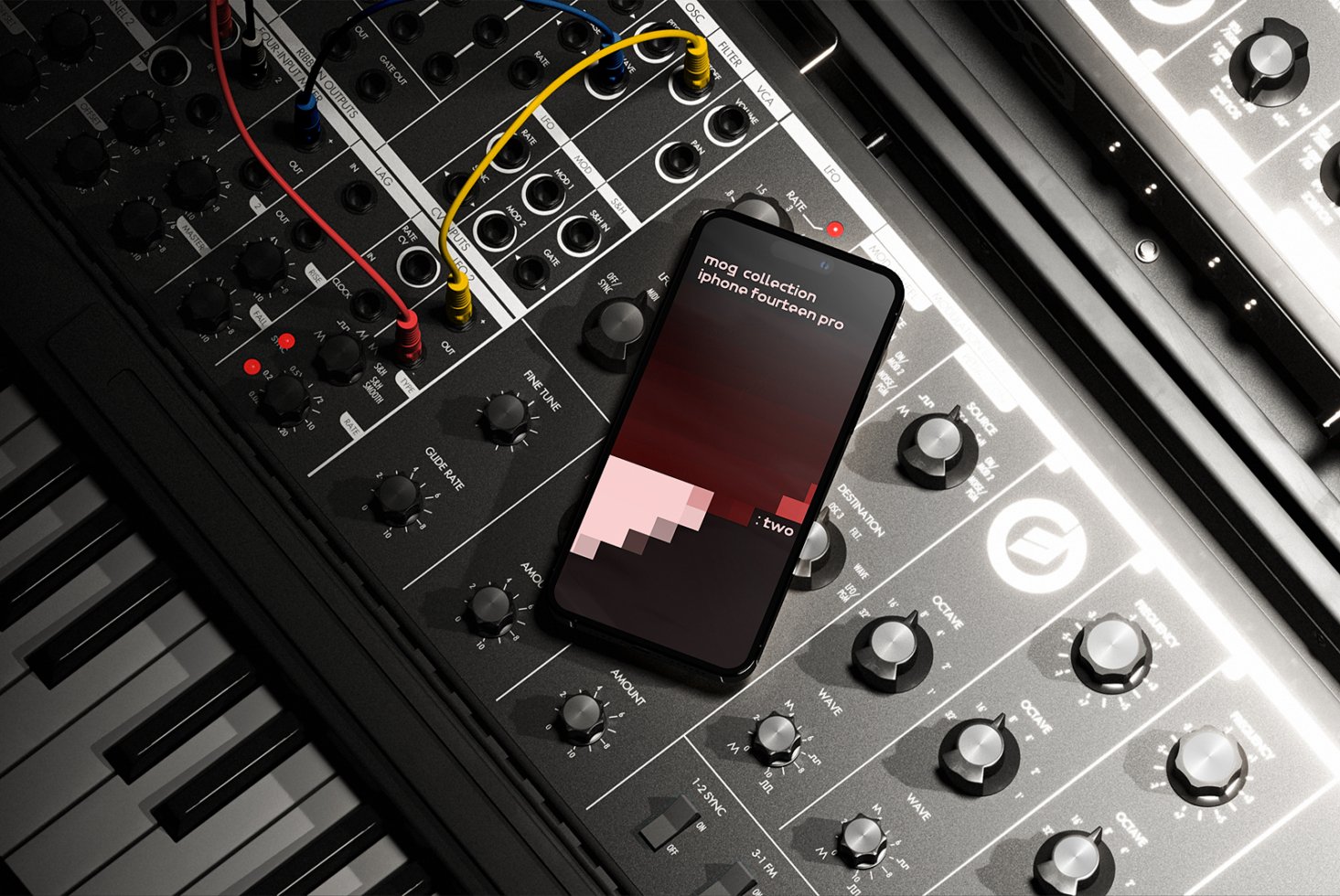 iPhone on a synth keyboard featuring a modern app interface. Ideal for designers seeking tech mockups, digital templates, and creative assets.