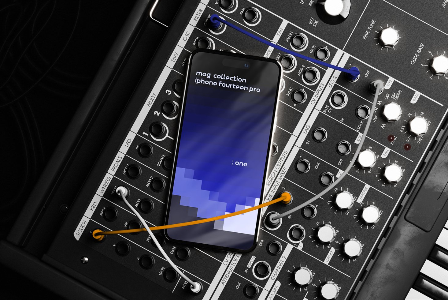 iPhone 14 Pro mockup laying on synthesizer with cables modern design template for digital assets aimed at designers in graphics and mockups categories