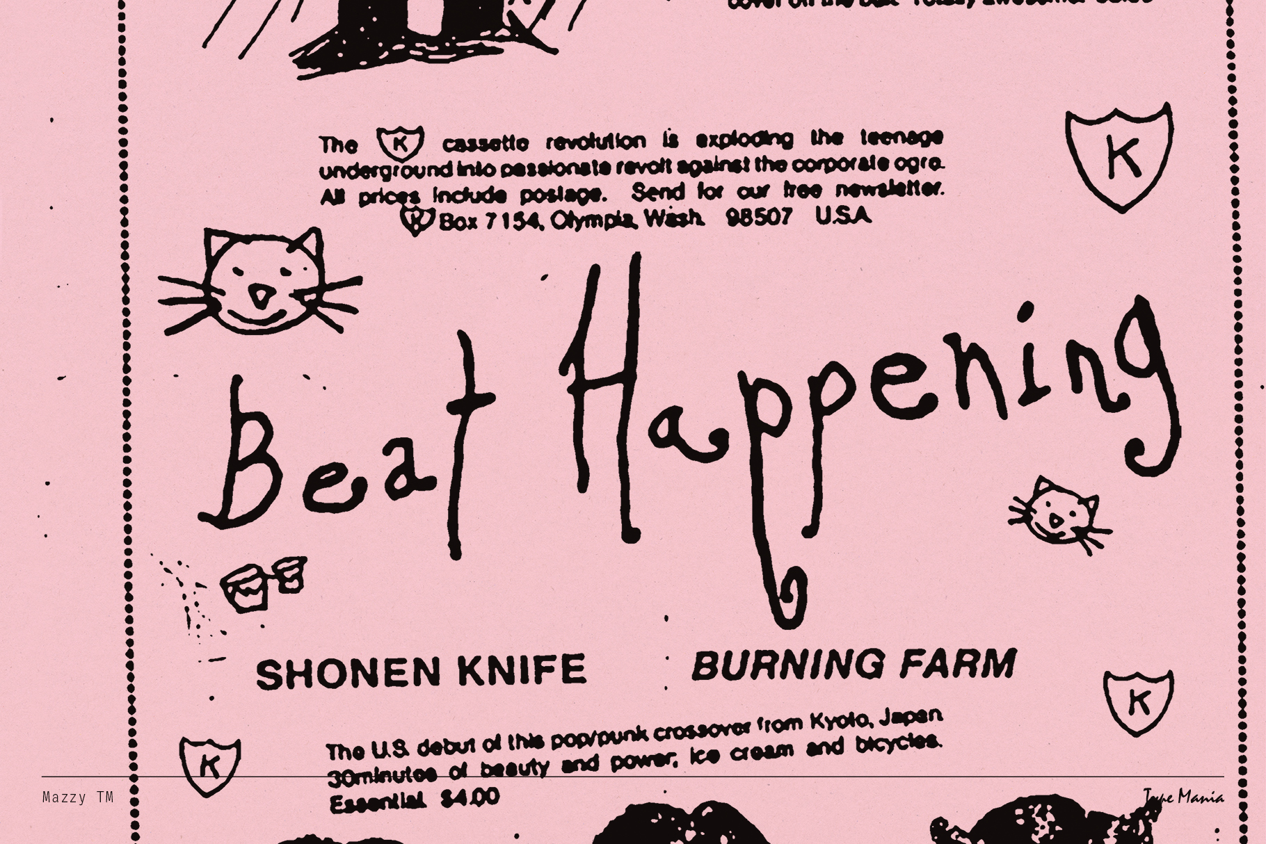 Pink vintage poster with hand-drawn text and cat illustrations, promoting indie bands and cassette culture. Perfect for designers seeking retro graphics.