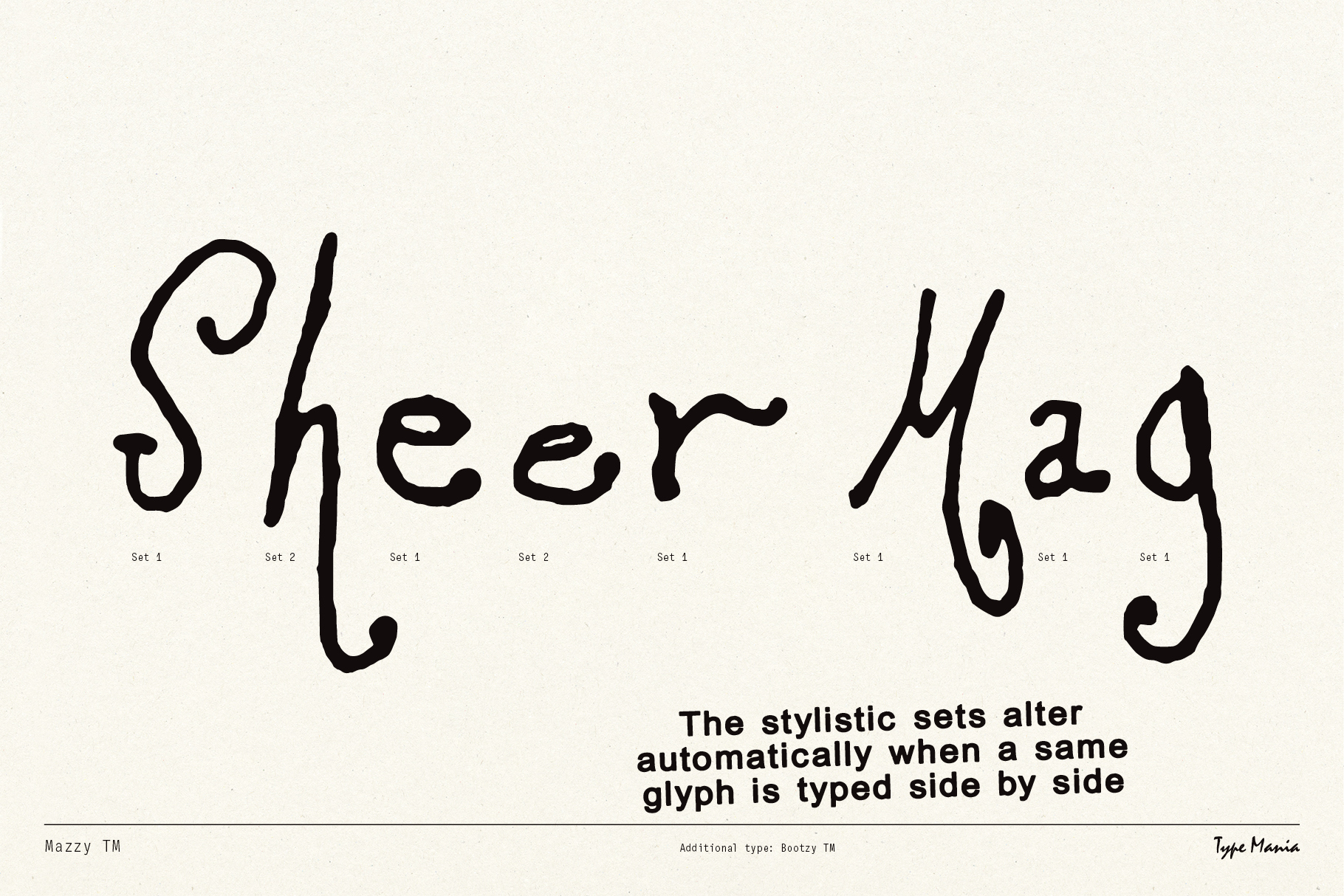 Hand-drawn font design Sheer Mag showcasing automatic glyph alternation feature for unique typographic styles. Ideal for graphic design projects.
