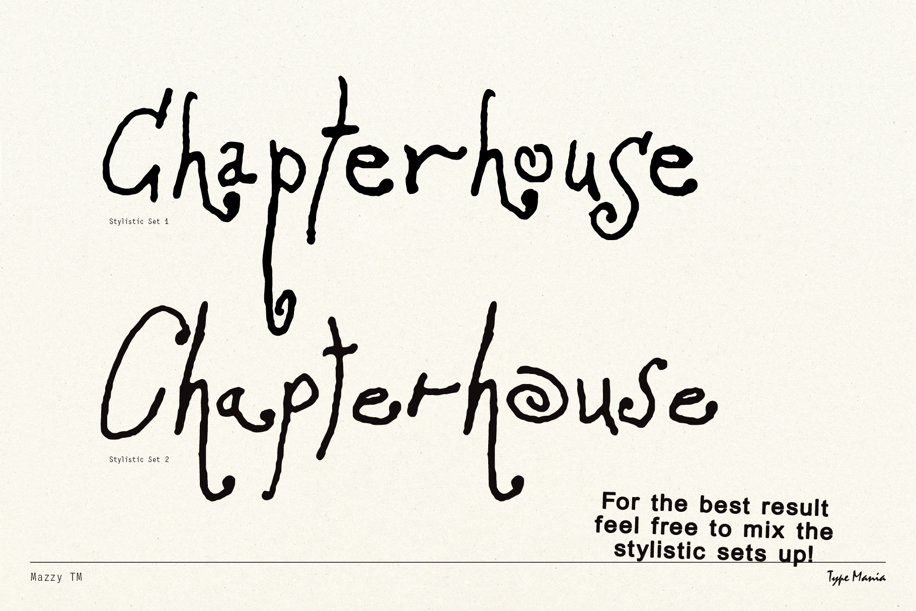 Whimsical handwritten font showcasing stylistic sets of Chapterhouse typeface suitable for creative projects. Ideal for designers seeking unique typography.
