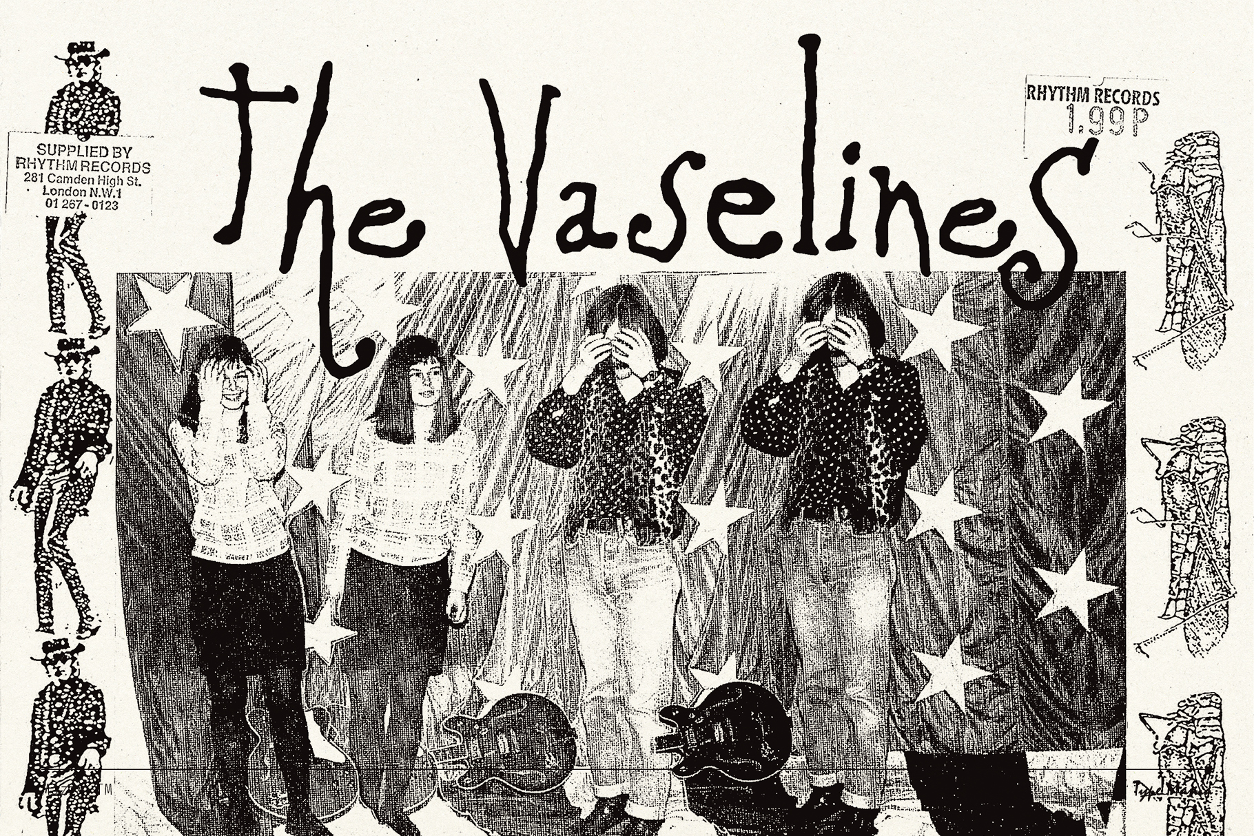 Black and white band poster with hand-drawn text and starry background. Retro style offers a vintage vibe for graphic designers seeking unique templates.