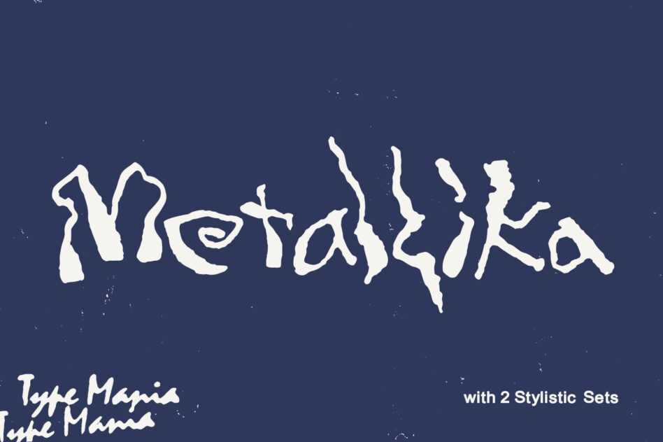 Distorted font design on dark blue background saying Metalika with two stylistic sets ideal for designers seeking unique typography graphics.