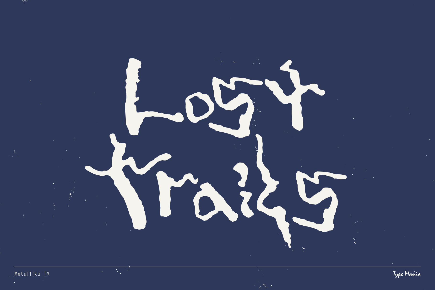 Distorted white text on blue background reads Lost Trails. Suitable for fonts graphic design, typography, creative templates. Ideal for designers.