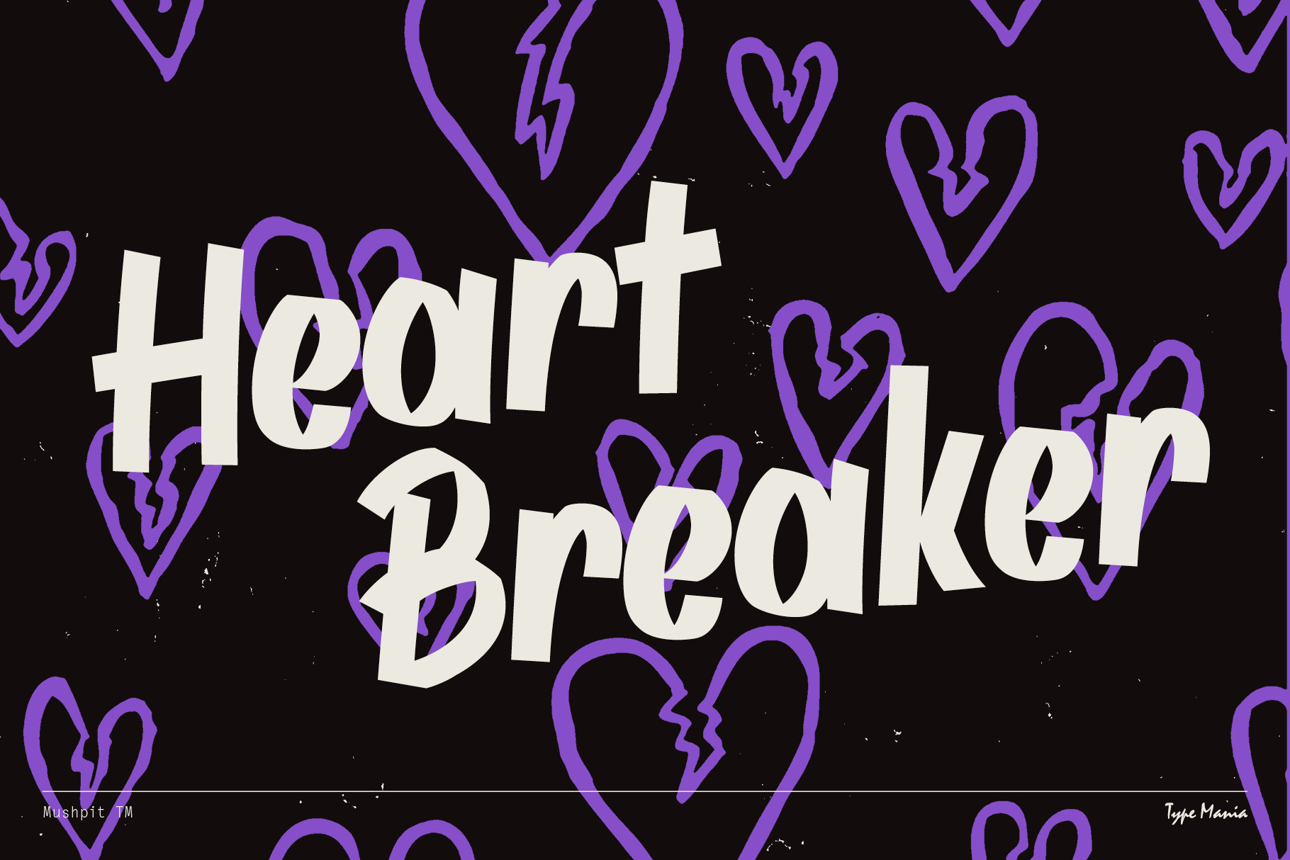 Bold white font spelling Heart Breaker on a black background with purple broken hearts. Ideal for graphic design, fonts, and creative templates.