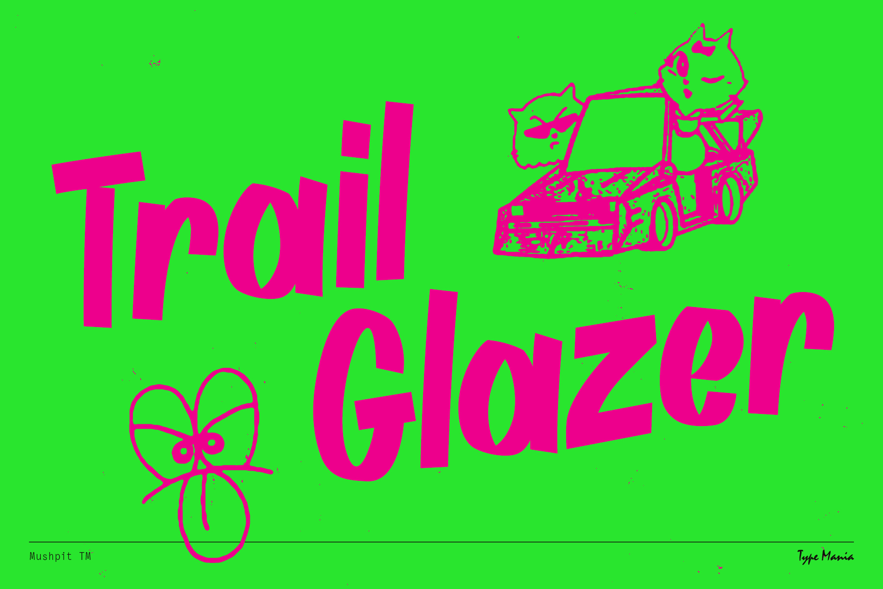 Playful and vibrant font design featuring bold pink letters reading Trail Glazer on a bright green background with cute cat illustrations. Perfect for creatives.