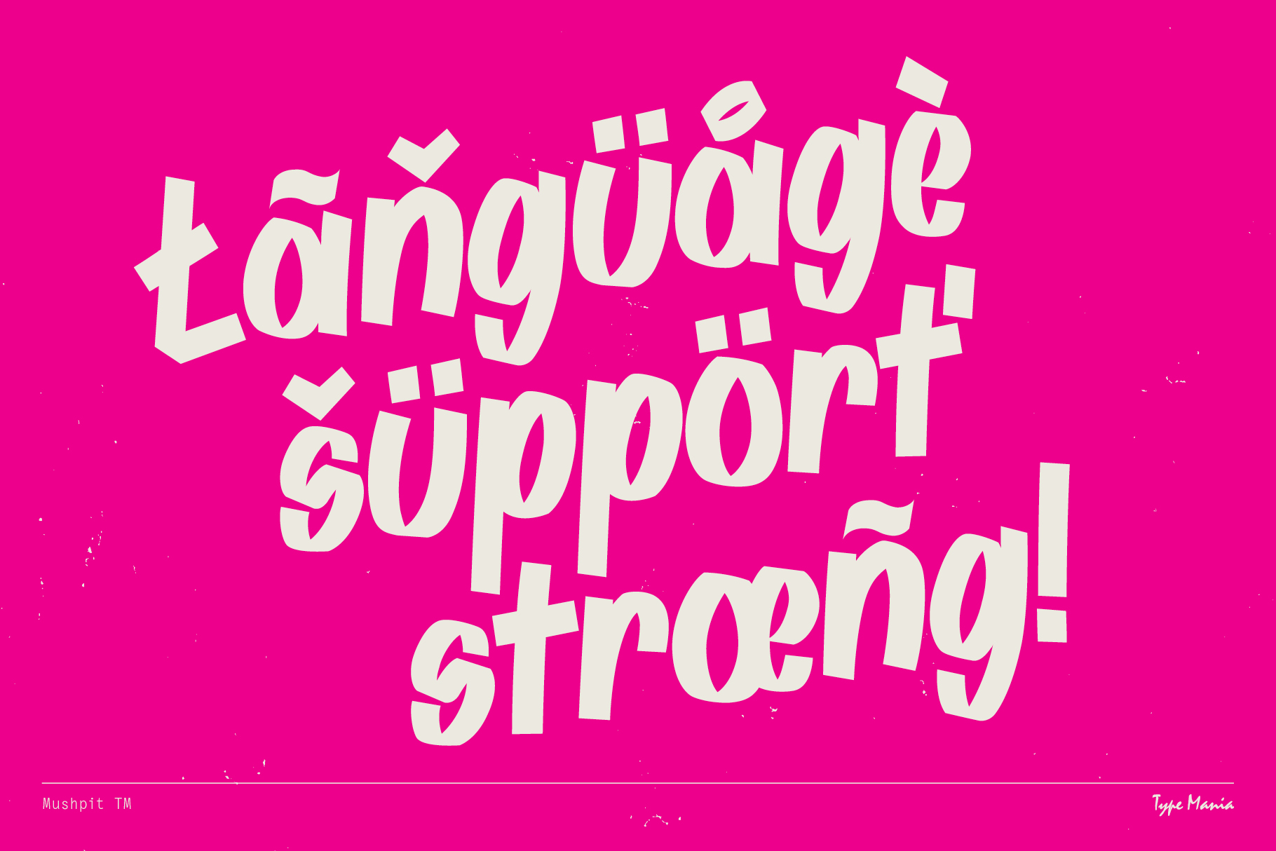 Bold funky font design showcasing strong language support with various diacritic marks on a vibrant pink background perfect for graphic designers.