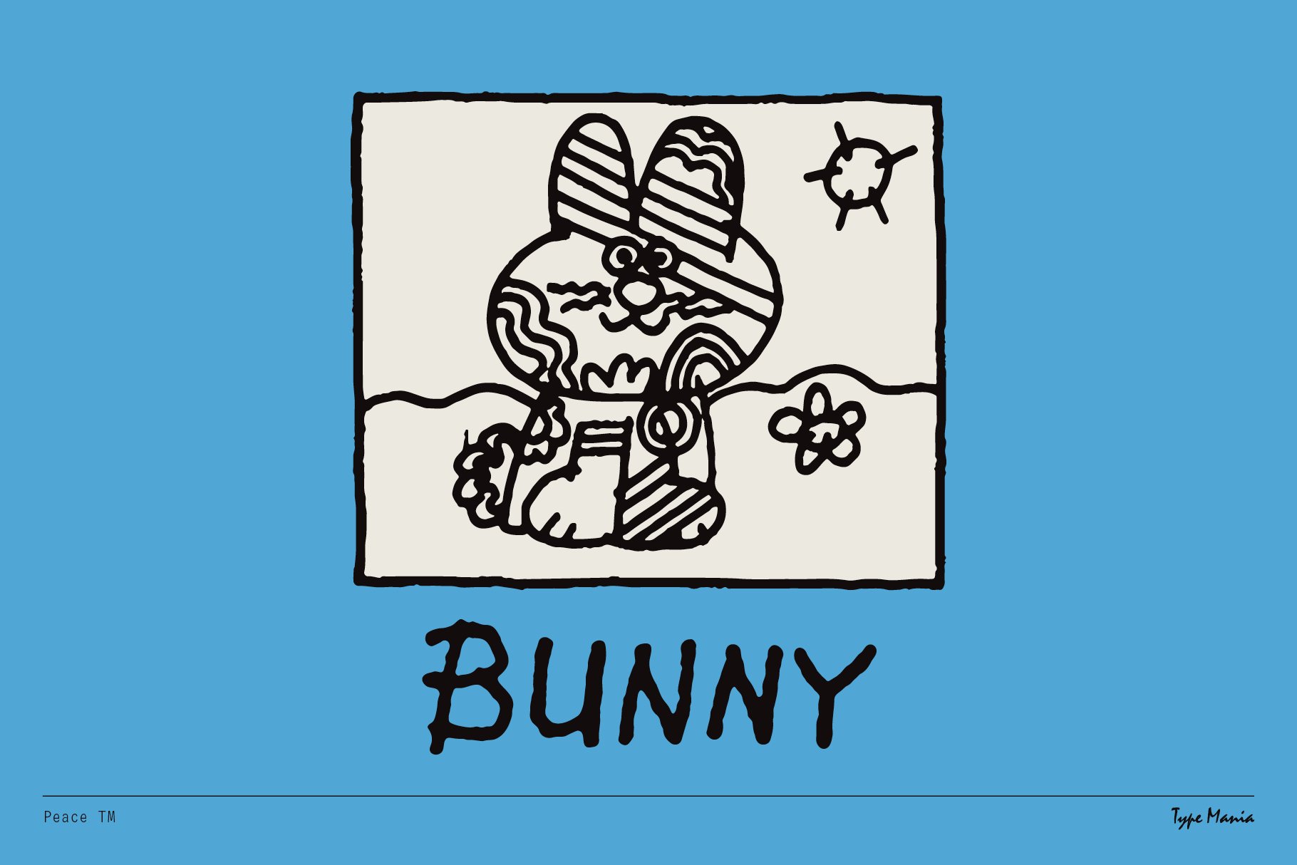 Cute abstract bunny illustration with playful patterns sunshine and flowers bold typography Cartoons graphics for design projects blue background