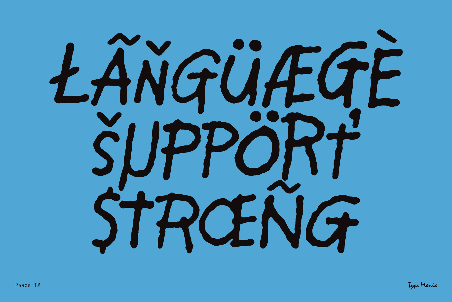 Bold graffiti-style font on blue background showcasing strong language support suitable for designers. Keywords: Fonts, Typography, Digital Assets.
