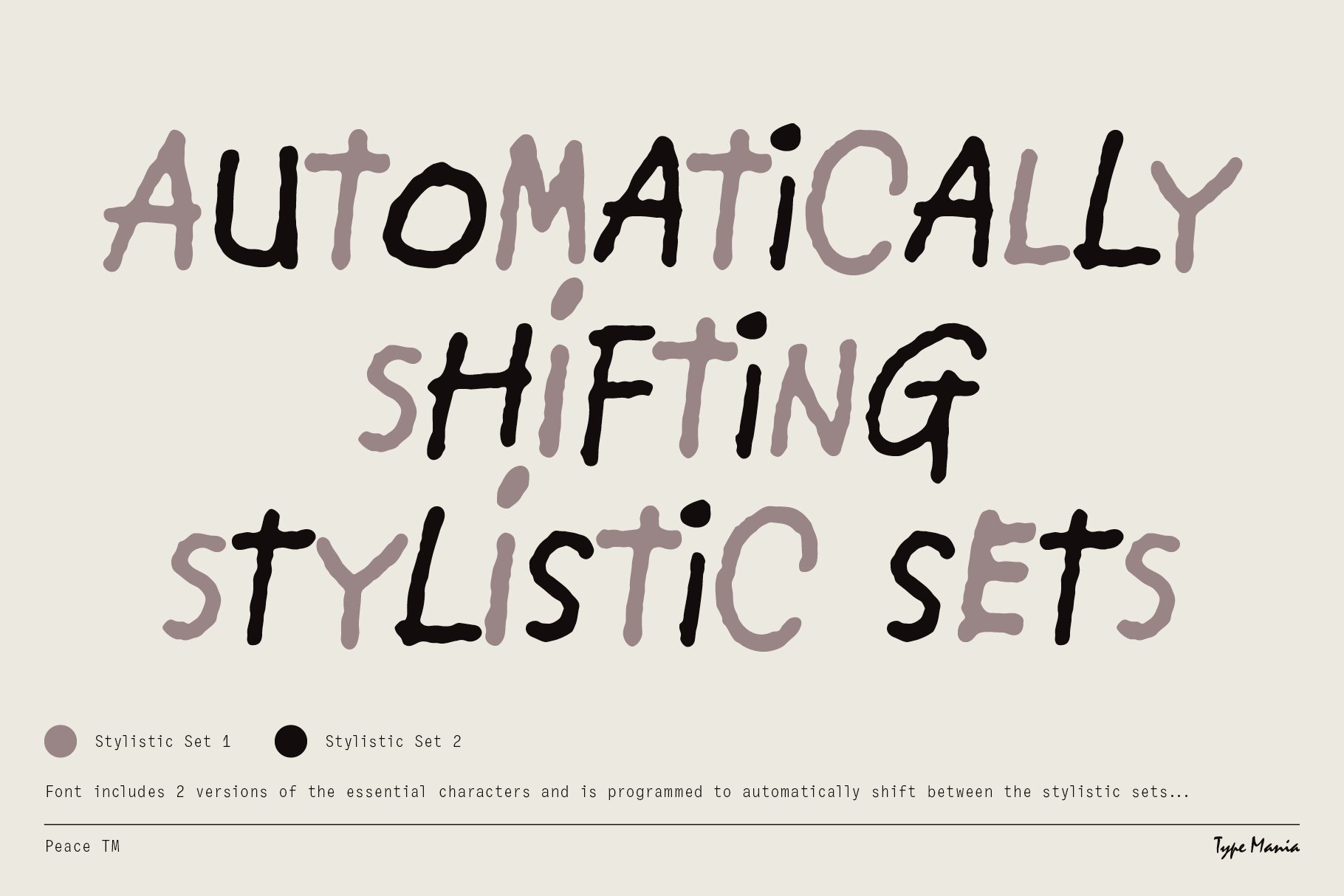 Automatically shifting stylistic font set featuring two character versions. Ideal for graphic design, typography, template projects.