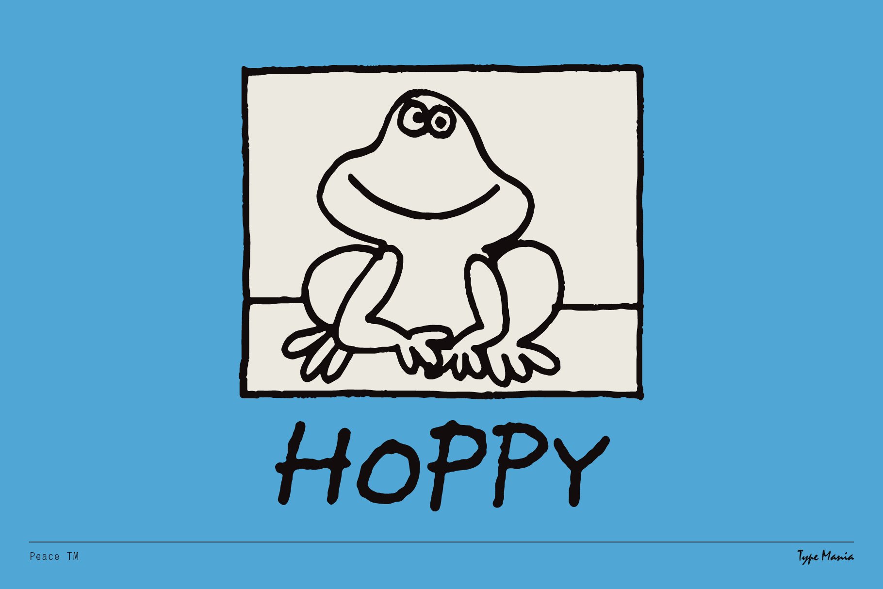 Playful frog illustration framed on blue background with hand-drawn font Hoppy suitable for graphics or templates creative design use whimsical fun
